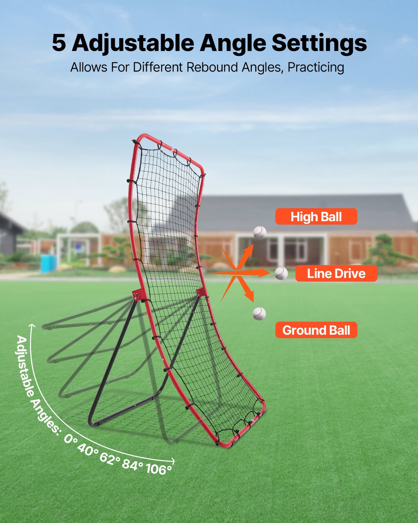 Baseball Softball Rebounder Net 1080 x 1740 mm Pitch Back Trainer, 5 Adjustable Angles, Heavy-duty Steel Frame, All Angle Bounce Back Net for Pitching & Fielding Training Aid, Return Practice