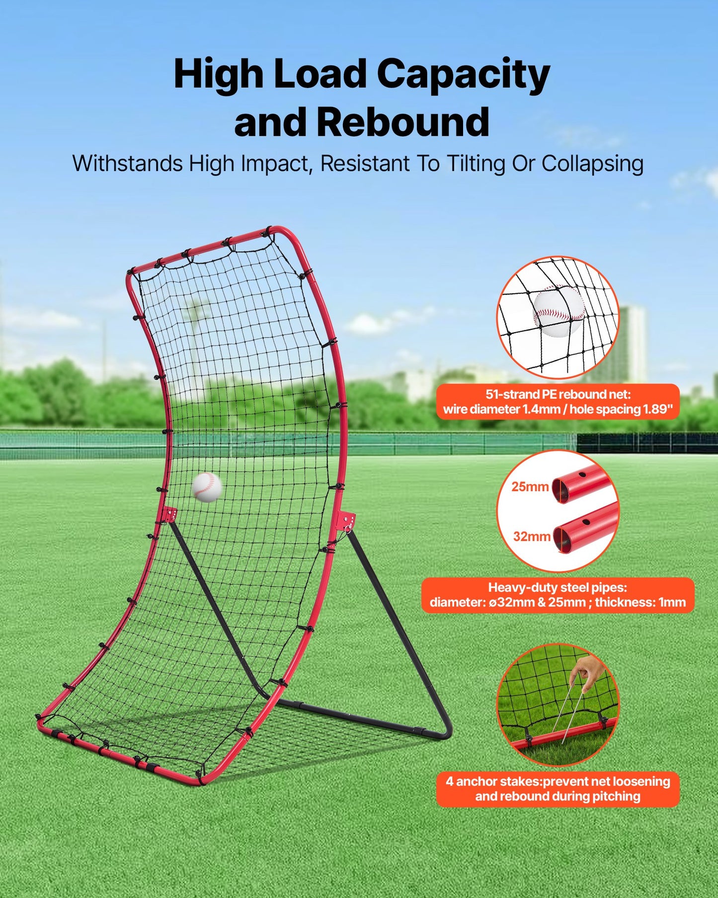 Baseball Softball Rebounder Net 1080 x 1740 mm Pitch Back Trainer, 5 Adjustable Angles, Heavy-duty Steel Frame, All Angle Bounce Back Net for Pitching & Fielding Training Aid, Return Practice