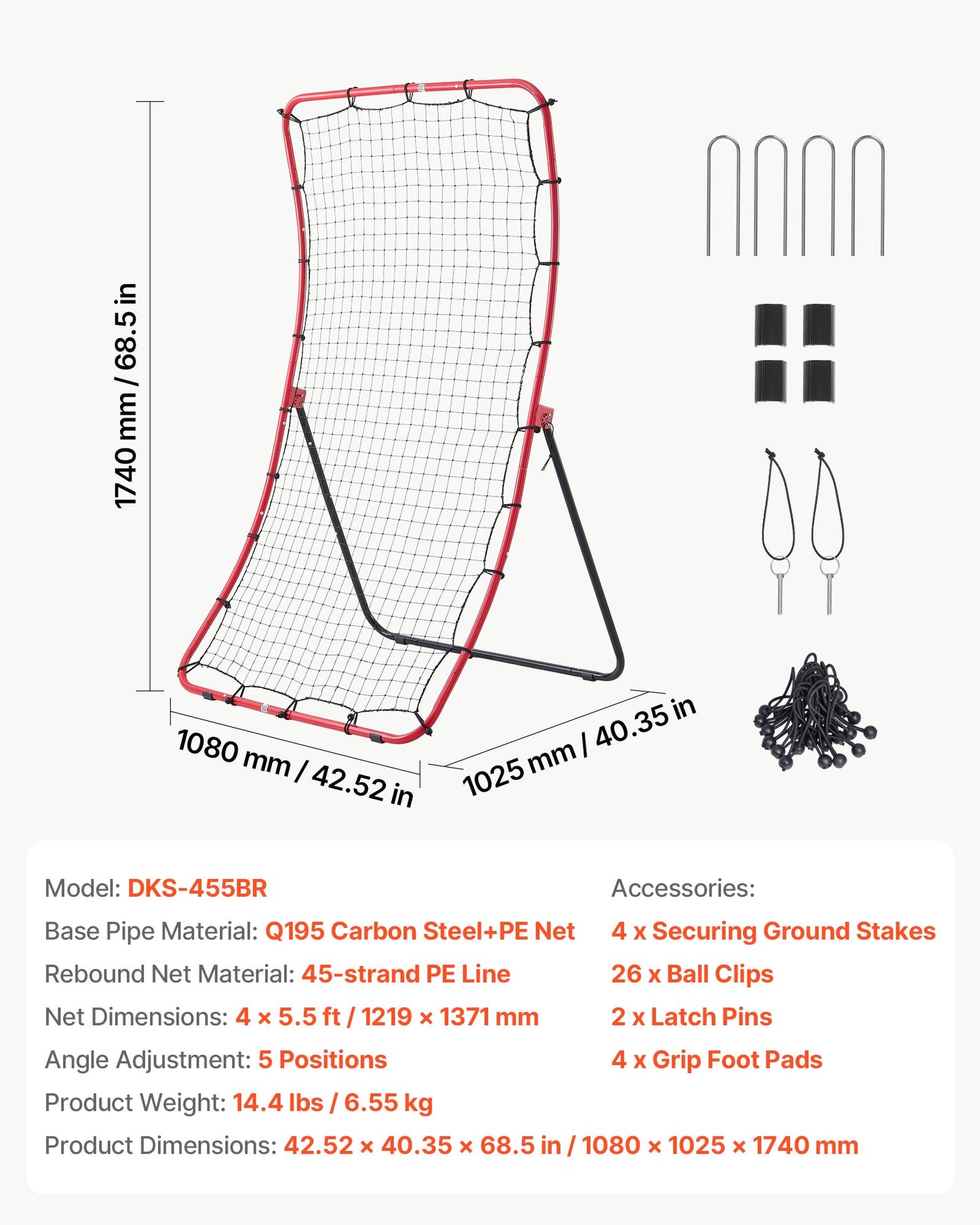 Baseball Softball Rebounder Net 1080 x 1740 mm Pitch Back Trainer, 5 Adjustable Angles, Heavy-duty Steel Frame, All Angle Bounce Back Net for Pitching & Fielding Training Aid, Return Practice