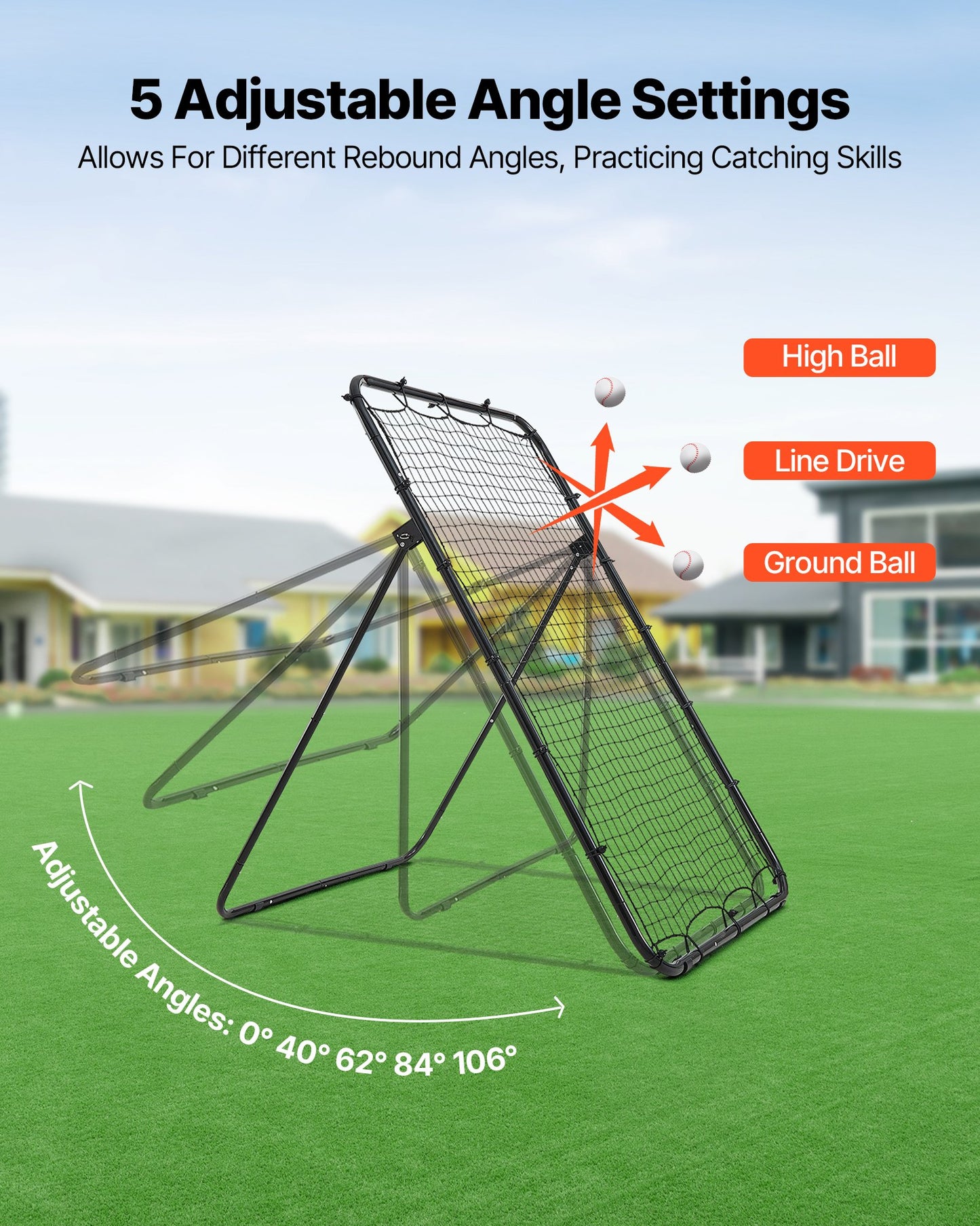 Baseball Softball Rebounder Net 1210 x 1730 mm Pitch Back Trainer, 5 Adjustable Angles with Strike Zone Target, Steel Frame, Bounce Back Net for Pitching & Fielding Training, Return Practice