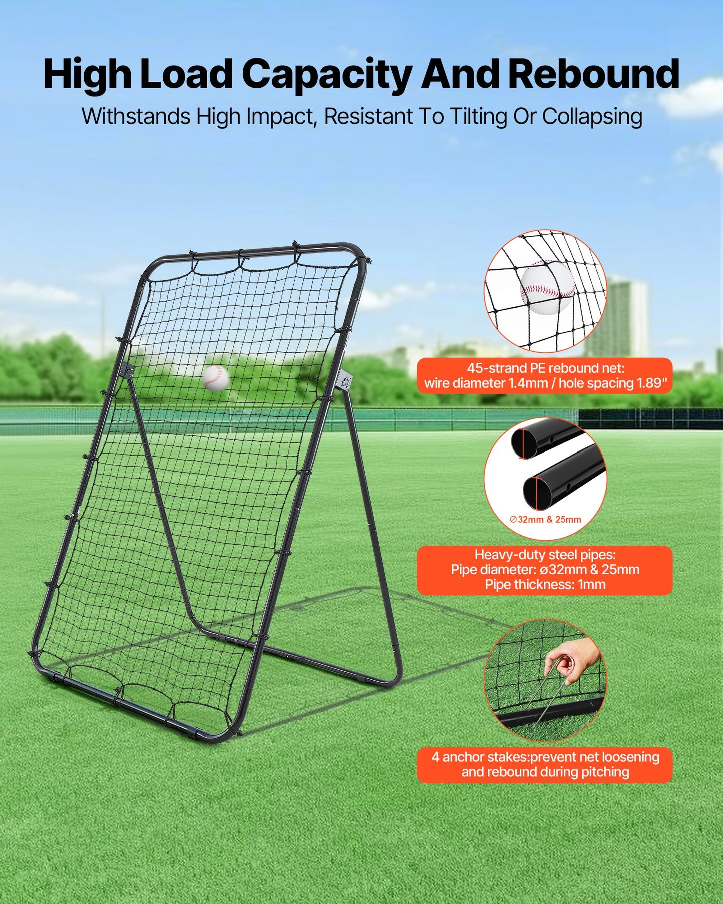 Baseball Softball Rebounder Net 1210 x 1730 mm Pitch Back Trainer, 5 Adjustable Angles with Strike Zone Target, Steel Frame, Bounce Back Net for Pitching & Fielding Training, Return Practice