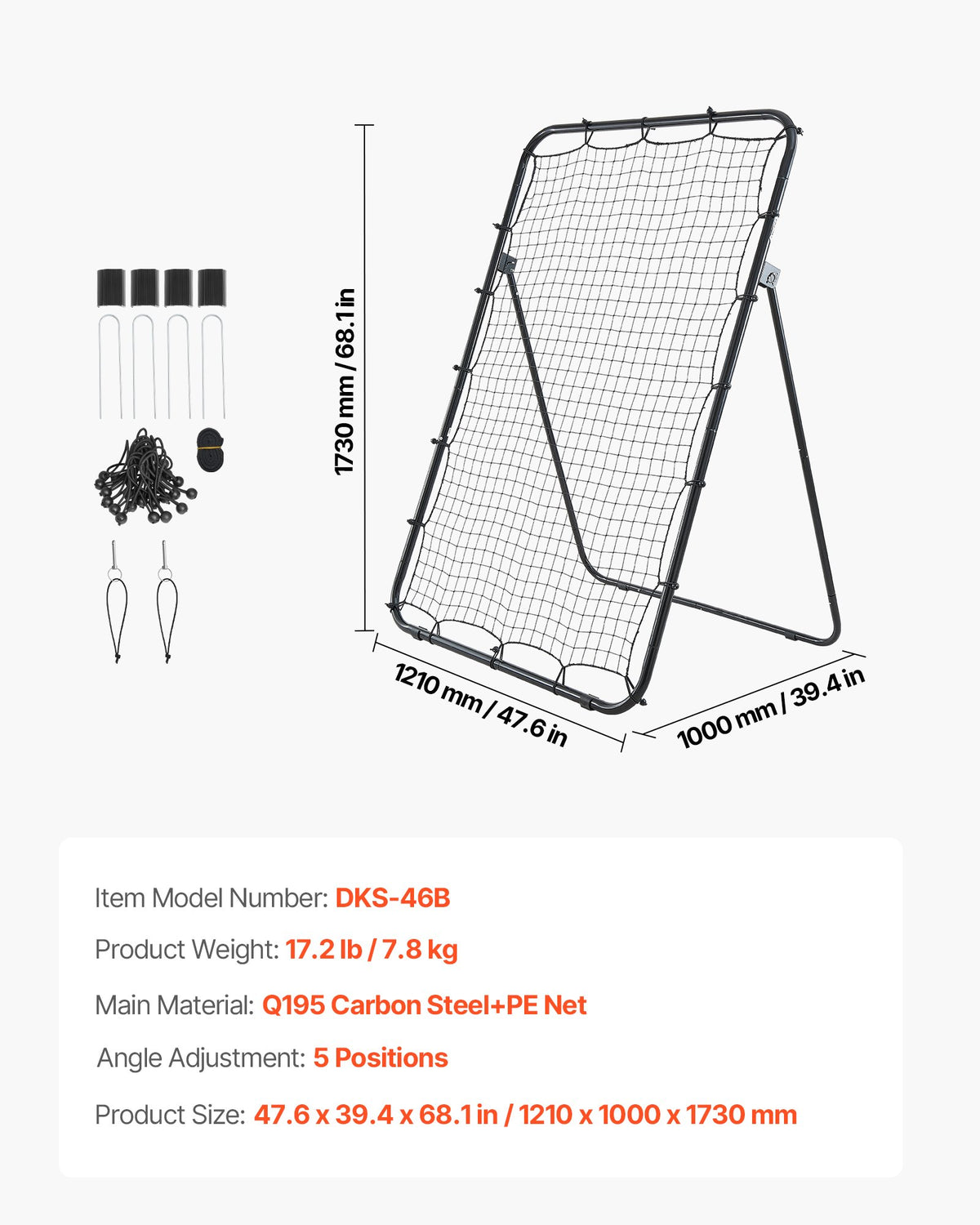 Baseball Softball Rebounder Net 1210 x 1730 mm Pitch Back Trainer, 5 Adjustable Angles with Strike Zone Target, Steel Frame, Bounce Back Net for Pitching & Fielding Training, Return Practice