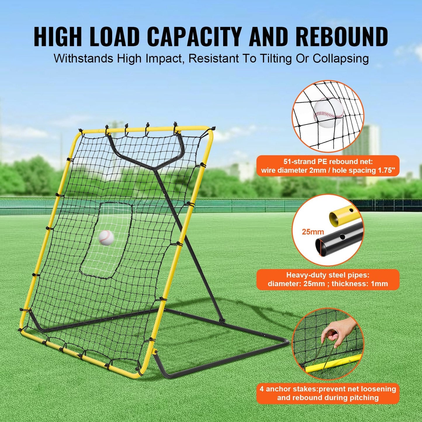 Adjustable Baseball & Softball Rebounder Net, 1.2x1.4m, Steel Frame, Portable