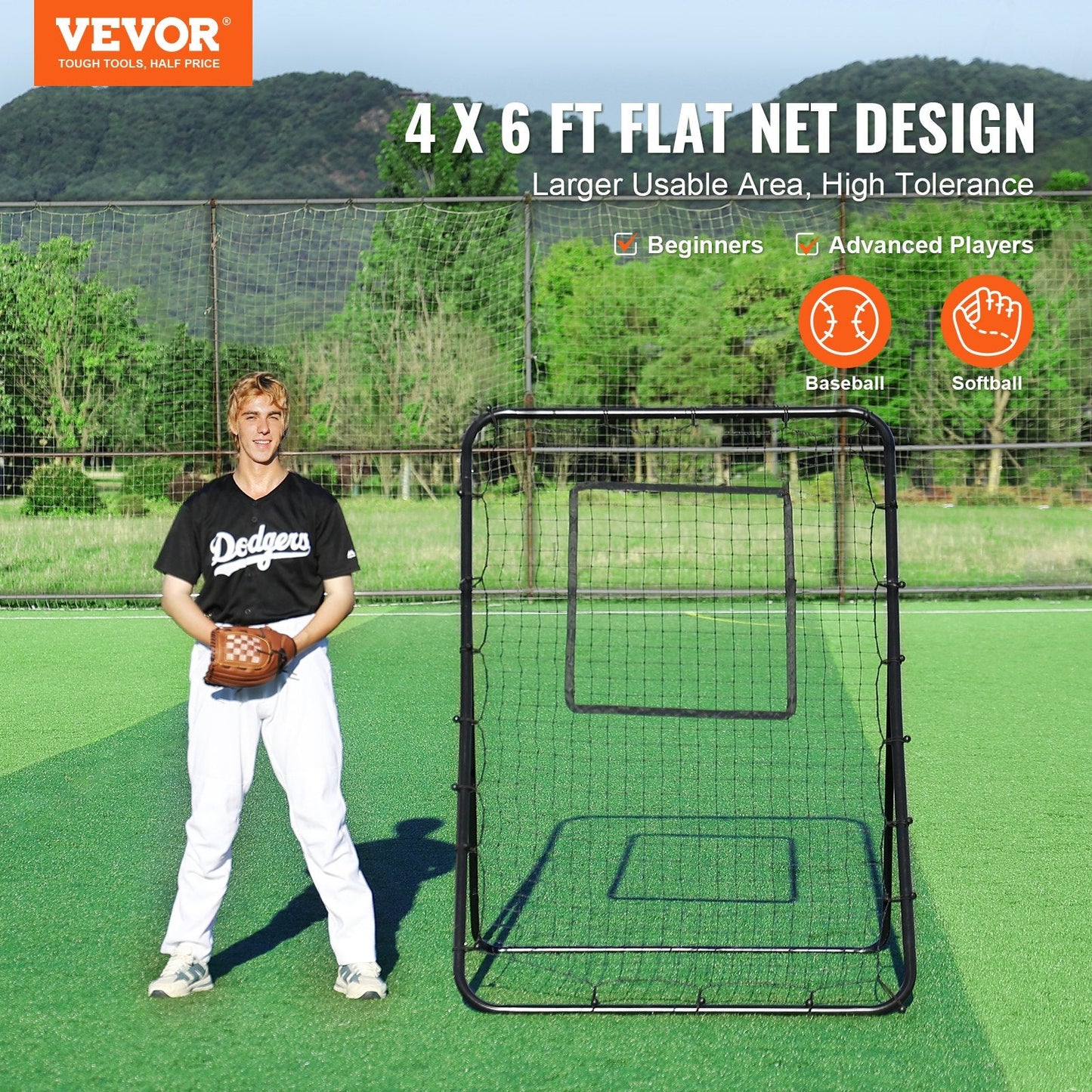 Adjustable Baseball & Softball Rebounder Net, 1.2 x 1.8 Meter, 7.14 kg Steel Frame