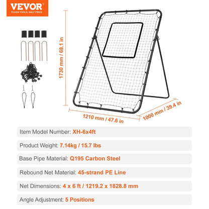 Adjustable Baseball & Softball Rebounder Net, 1.2 x 1.8 Meter, 7.14 kg Steel Frame