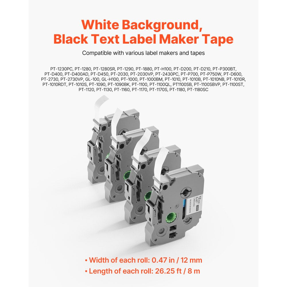 Label Maker Tape 4 Pack 12 mm Black on White Label Maker Refills TZe-231