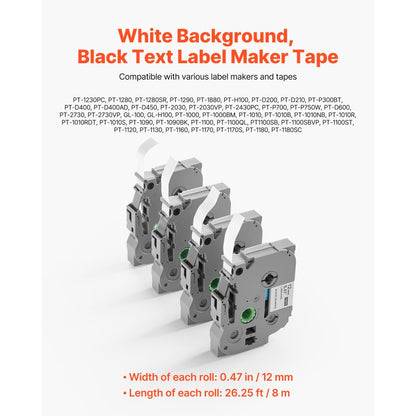 Label Maker Tape 4 Pack 12 mm Black on White Label Maker Refills TZe-231