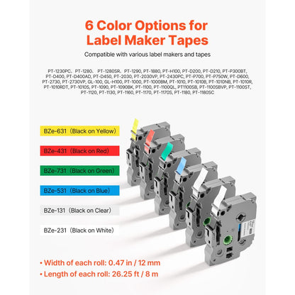 Label Maker Tape 6 Pack 12 mm Colored Label Maker Refills TZe-131 TZe-231