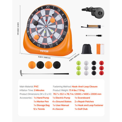 VEVOR Inflatable Soccer Dart Board over 2 m with 4 Kick Balls 12 Tennis Pump