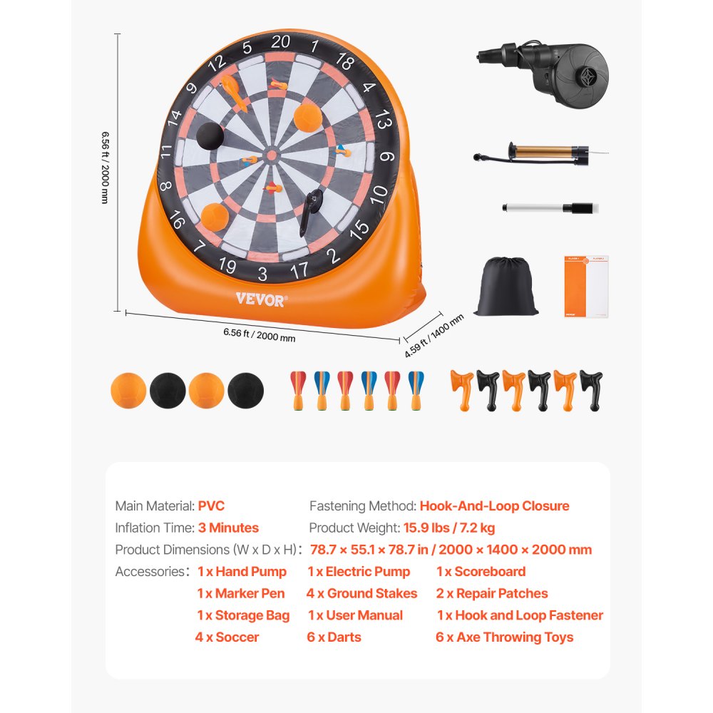 VEVOR Inflatable Soccer Dart Board over 2 m with 4 Kick Ball 6 Darts 6 Axe Pump