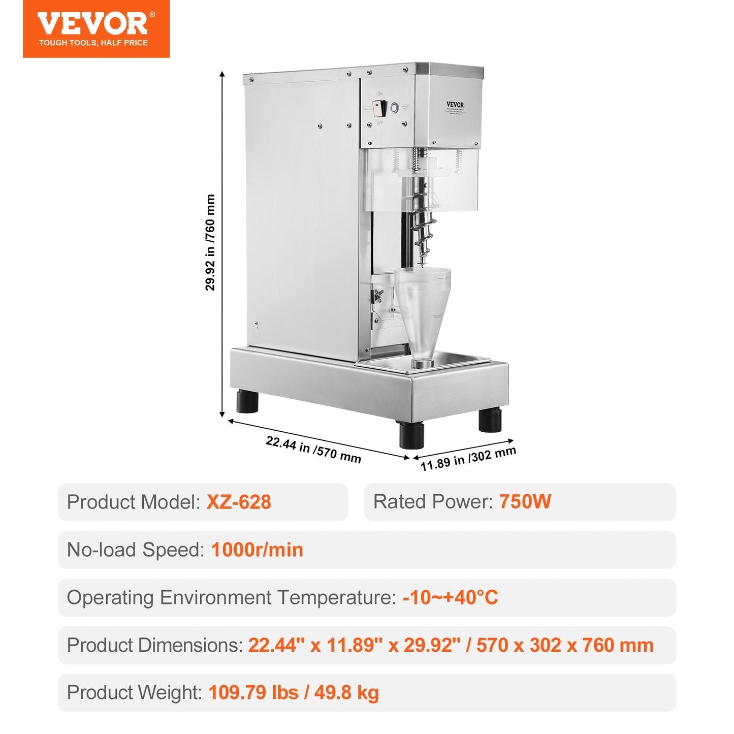 750W Stainless Steel Ice Cream Mixer, High-Speed, Portable, Easy to Clean