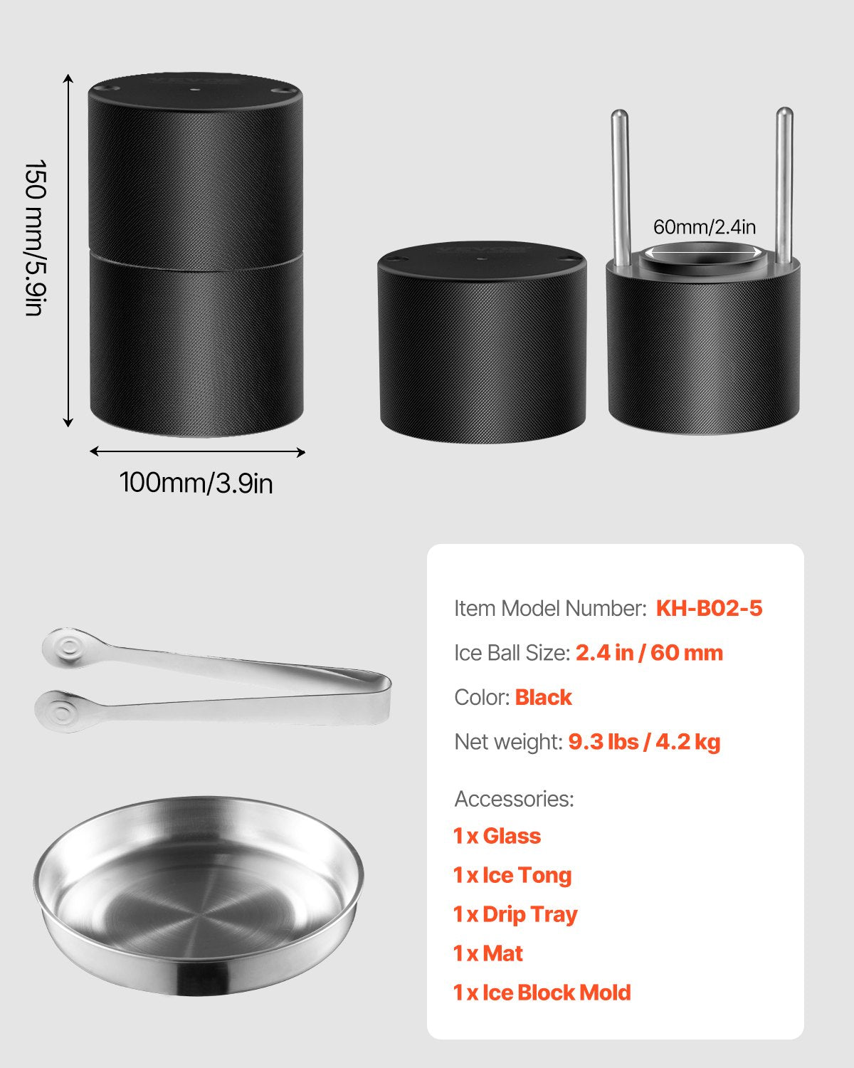 VEVOR Ice Ball Press Kit Ice Ball Maker 2.4"/60mm Clear Sphere Whiskeys Scot