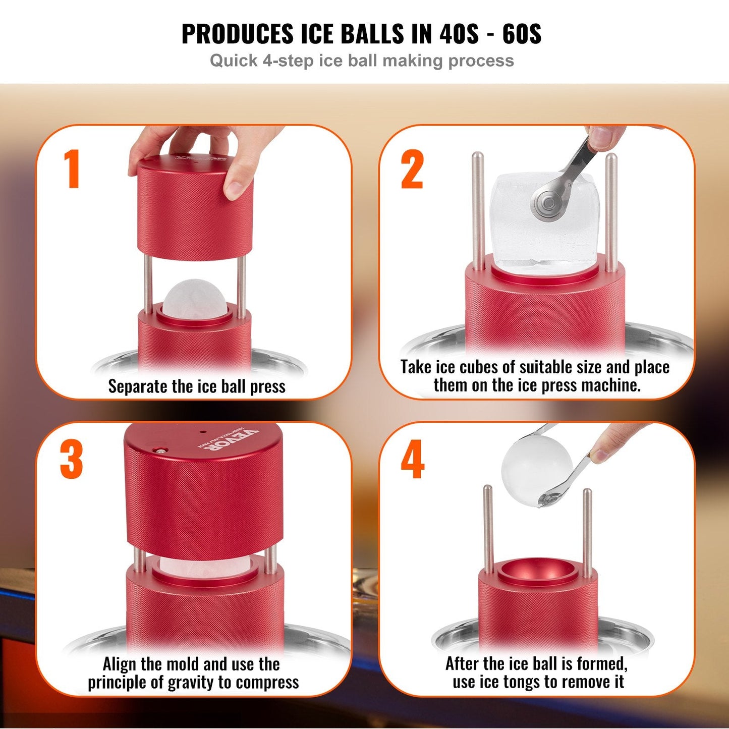 6cm Aluminum Ice Ball Press Kit with Tongs & Drip Tray for Cocktails, Red