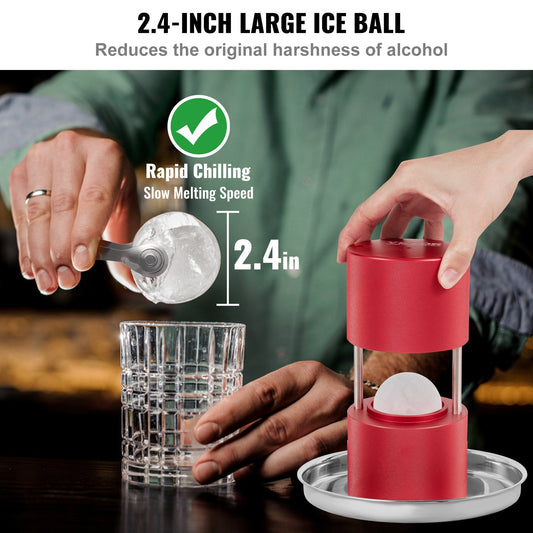 6cm Aluminum Ice Ball Press Kit with Tongs & Drip Tray for Cocktails, Red