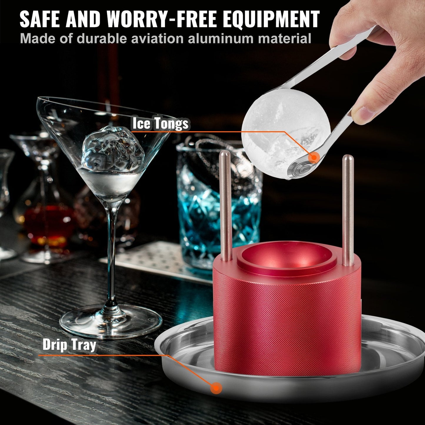 6cm Aluminum Ice Ball Press Kit with Tongs & Drip Tray for Cocktails, Red