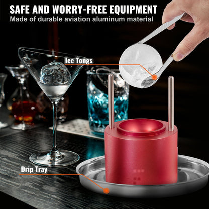 6cm Aluminum Ice Ball Press Kit with Tongs & Drip Tray for Cocktails, Red