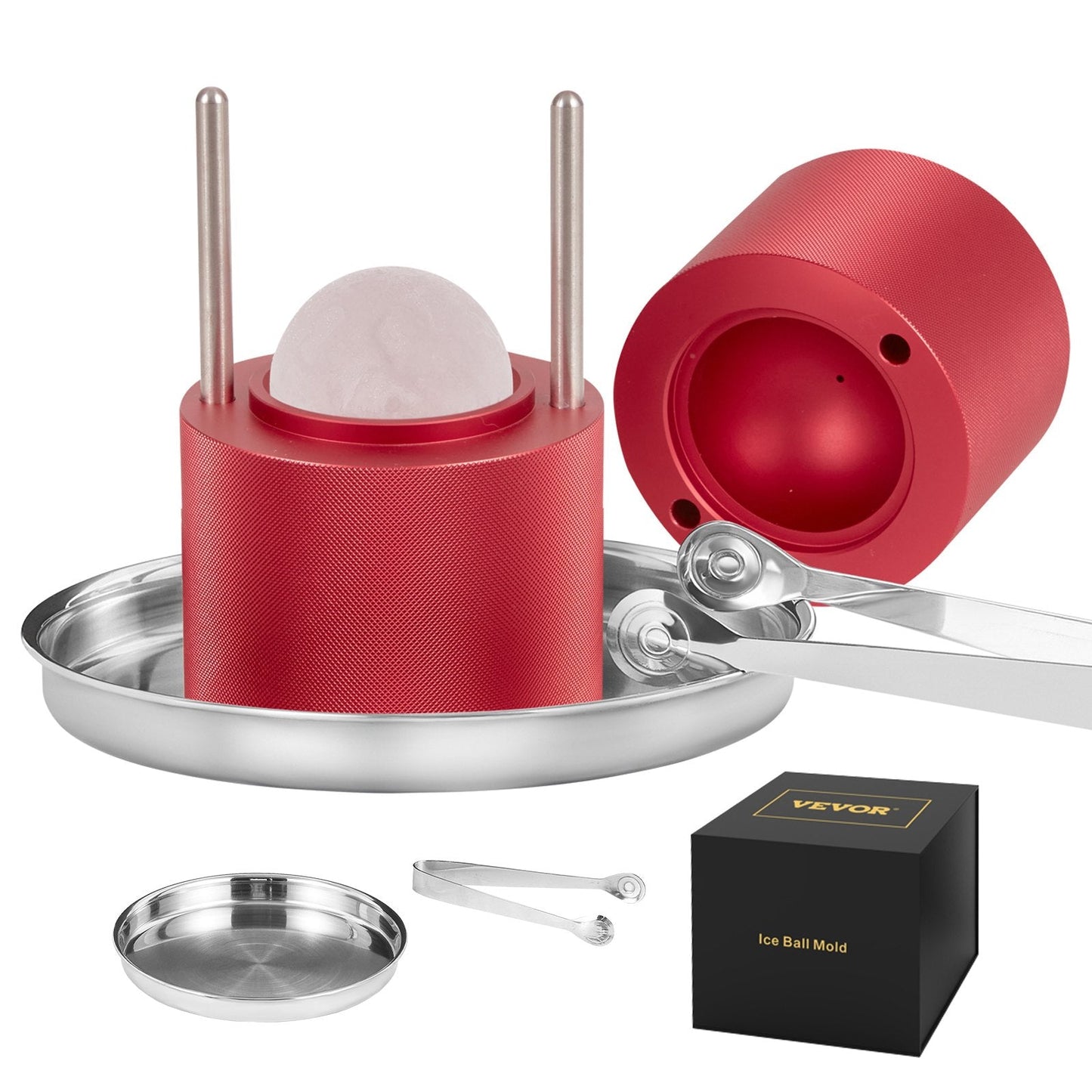 6cm Aluminum Ice Ball Press Kit with Tongs & Drip Tray for Cocktails, Red