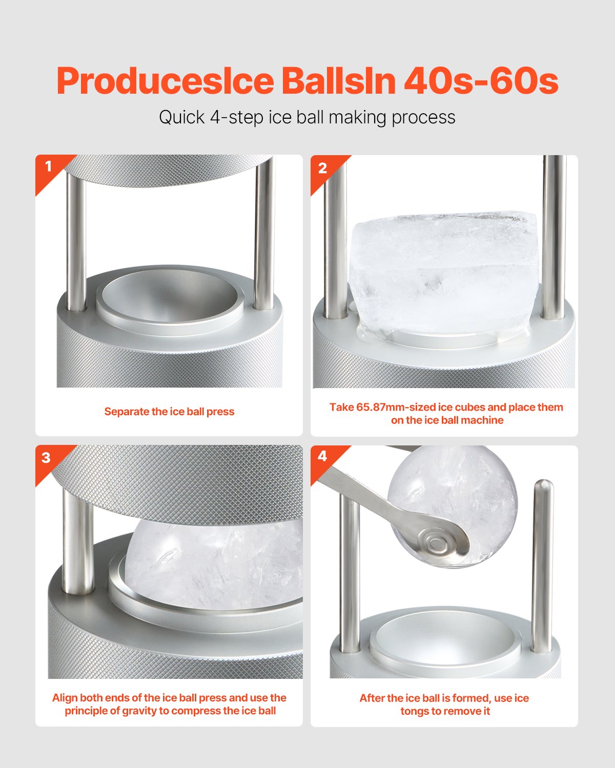 VEVOR Ice Ball Press Ice Ball Maker 2.1"/53mm Ice Press Kit for Whiskey Silver