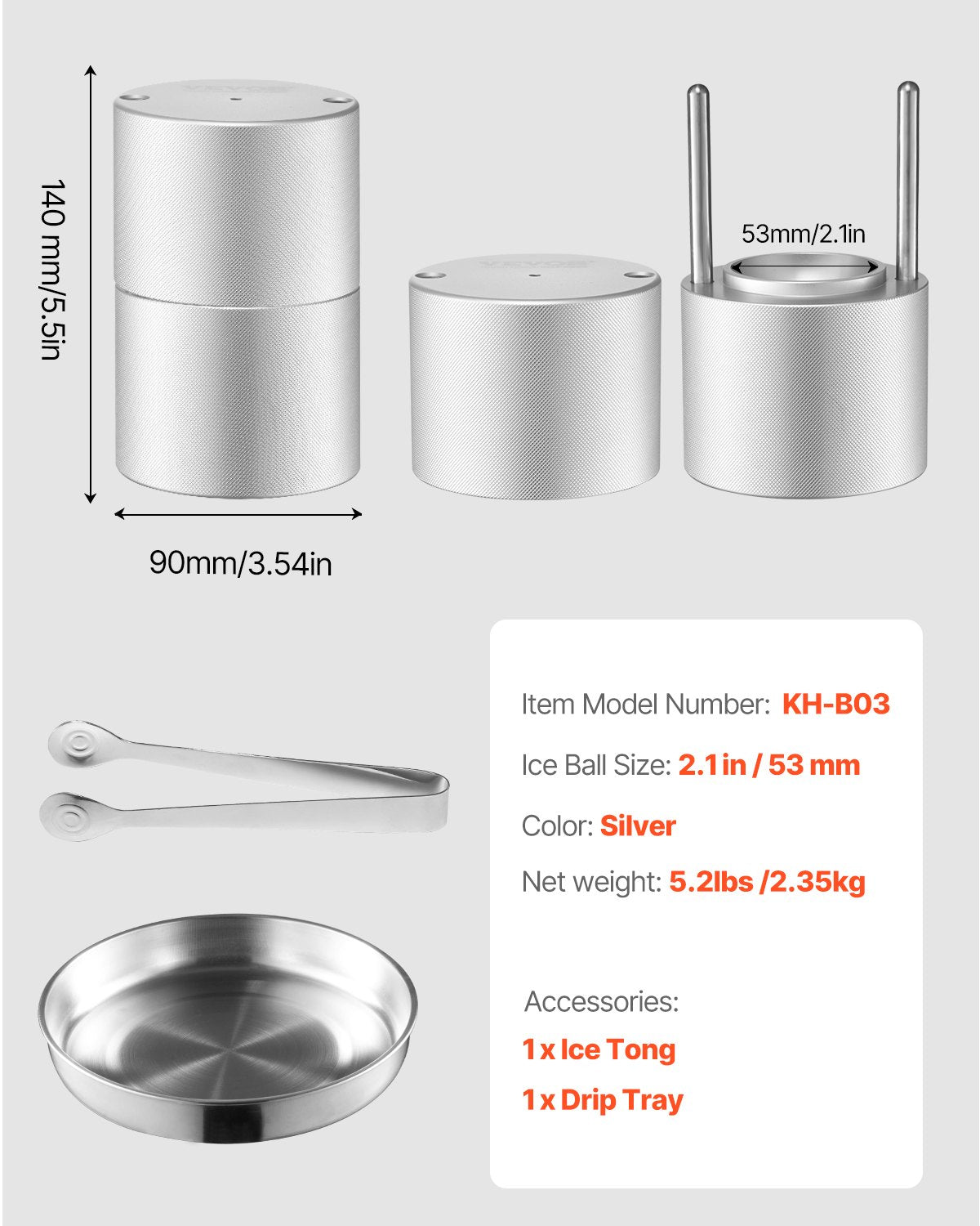 VEVOR Ice Ball Press Ice Ball Maker 2.1"/53mm Ice Press Kit for Whiskey Silver