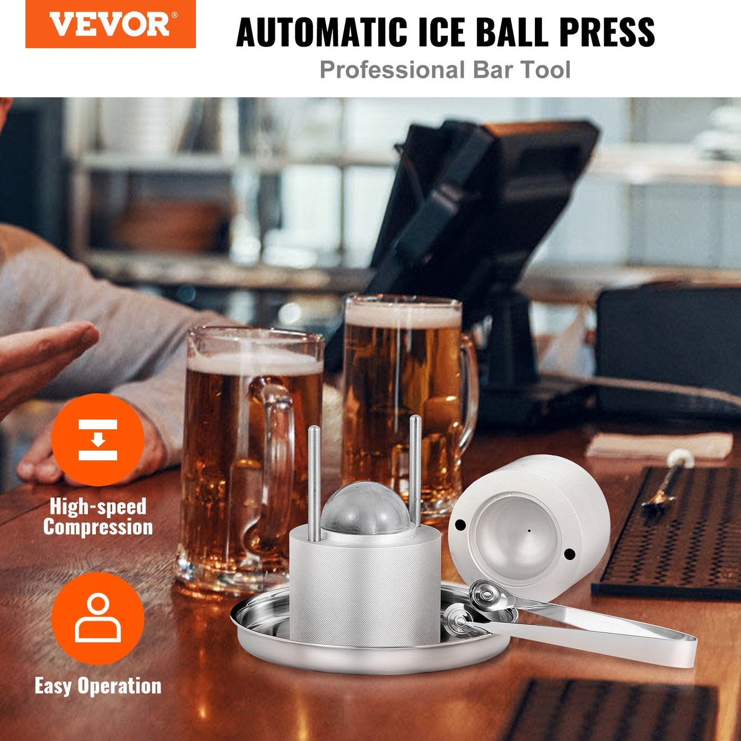 Aircraft Aluminum Ice Ball Press Kit with Mold, Mat, Tong, Tray, & Glass, 60mm Sphere