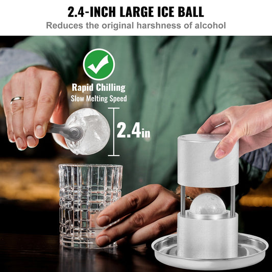 Aircraft Aluminum Ice Ball Press Kit with Mold, Mat, Tong, Tray, & Glass, 60mm Sphere