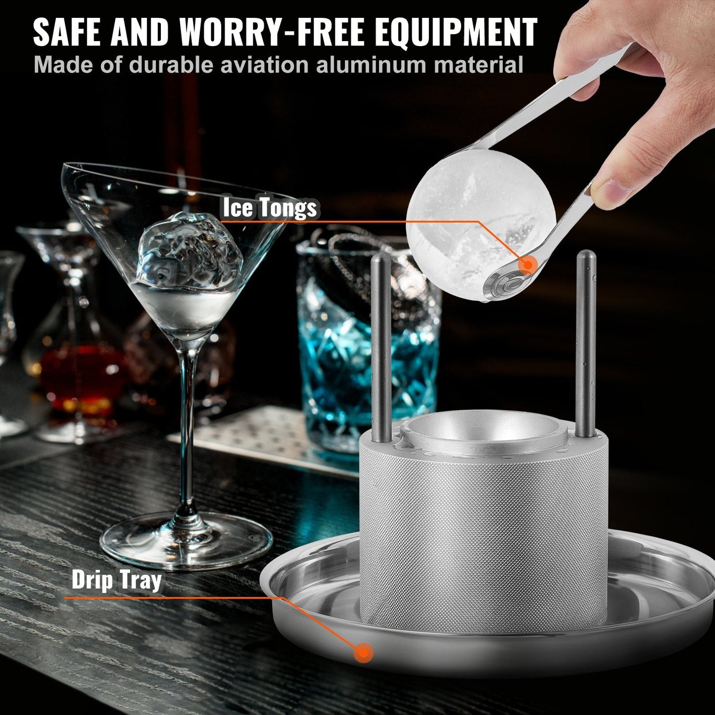 Aircraft Aluminum Ice Ball Press Kit with Mold, Mat, Tong, Tray, & Glass, 60mm Sphere