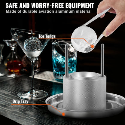 Aircraft Aluminum Ice Ball Press Kit with Mold, Mat, Tong, Tray, & Glass, 60mm Sphere