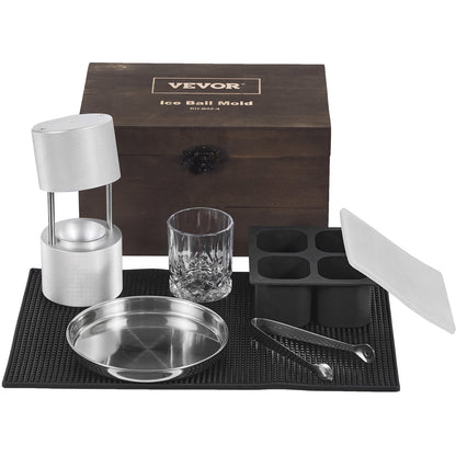 Aircraft Aluminum Ice Ball Press Kit with Mold, Mat, Tong, Tray, & Glass, 60mm Sphere
