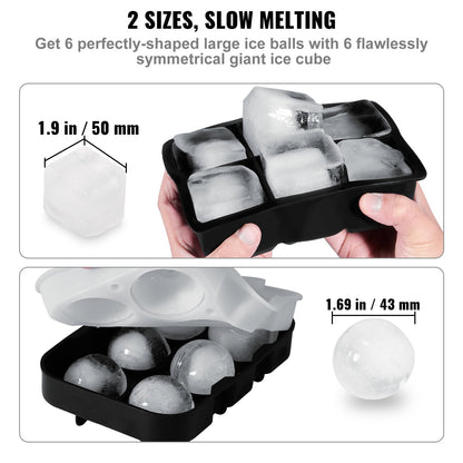 VEVOR Ice Cube Trays (Set of 2), 2-in-1 Combo with Silicone Sphere Ice Ball Maker