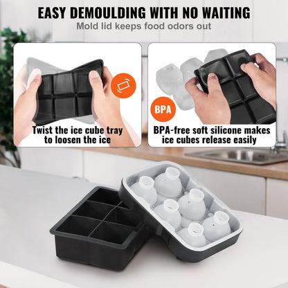 Silicone Ice Trays Set: Sphere & Large Square Molds for Whiskey and Cocktails