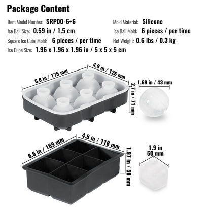 VEVOR Ice Cube Trays (Set of 2), 2-in-1 Combo with Silicone Sphere Ice Ball Maker