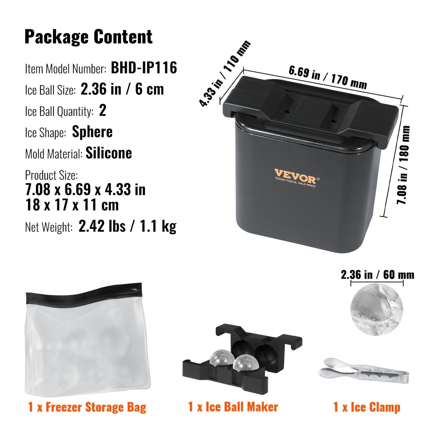Crystal Clear 6 cm Ice Sphere Maker with Storage Bag and Clamp for Drinks
