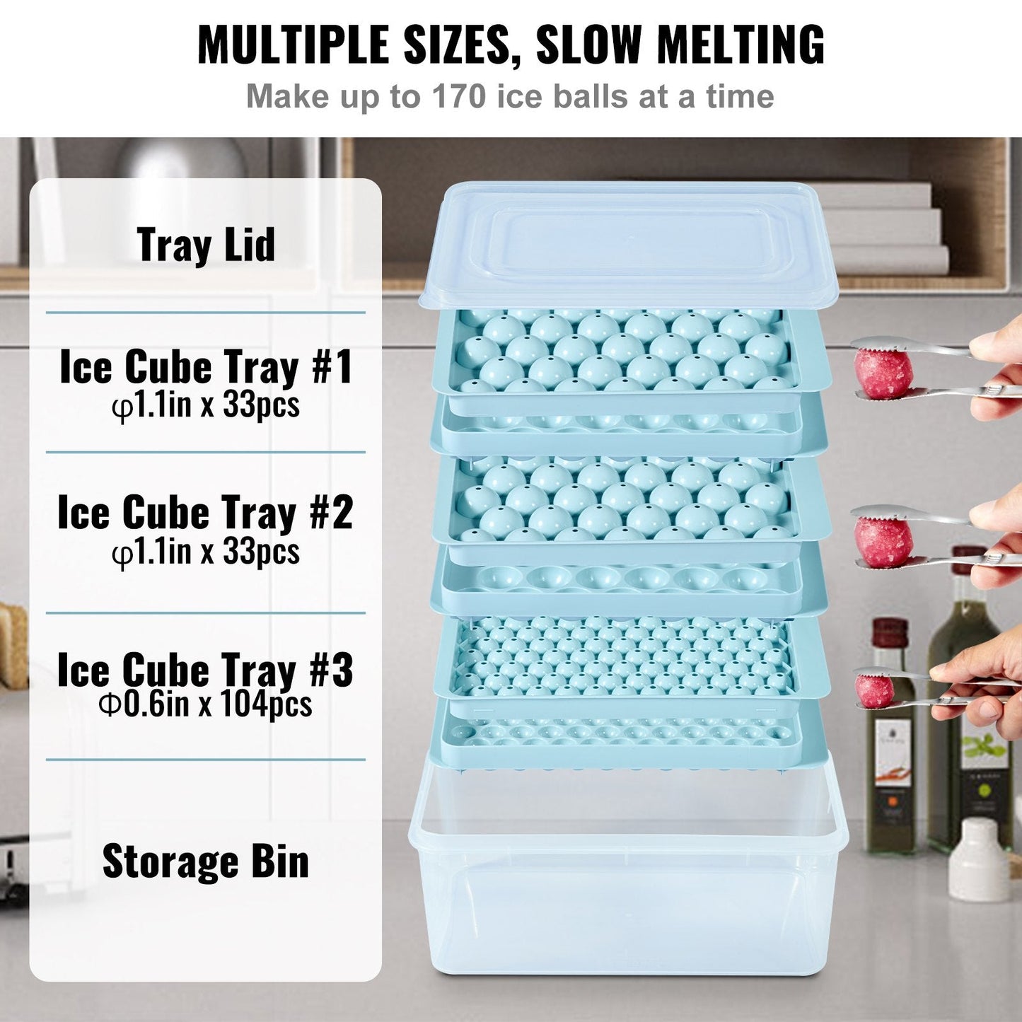 Round Ice Ball Maker Set for Freezer - 170 Sphere Ice Cubes, 3-Pack with Bin & Scoop