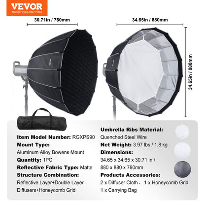 VEVOR Parabolic Softbox 850 mm Quick Release & Quick Fold & Portable
