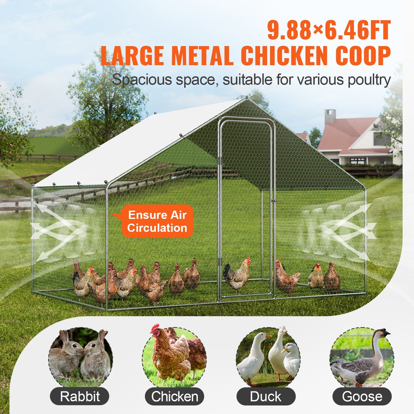 VEVOR Large Metal Chicken Coop,  3x1.97x1.99 m Walk-in Chicken Run with Waterproof
