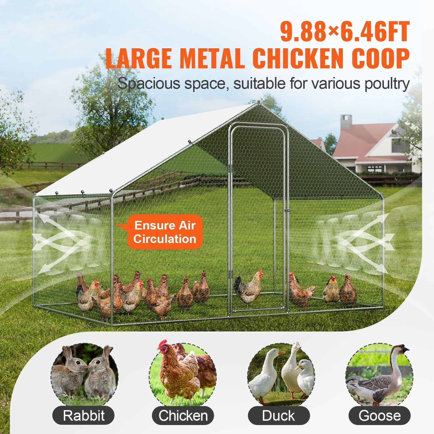 Large Walk-In Metal Chicken Coop with Waterproof Roof, 3x1.97x1.99m