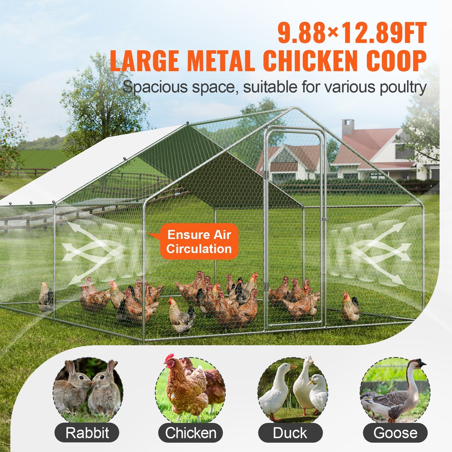 VEVOR Large Metal Chicken Coop, 3x3.93x1.99 m Walk-in Chicken Runs for Yard with