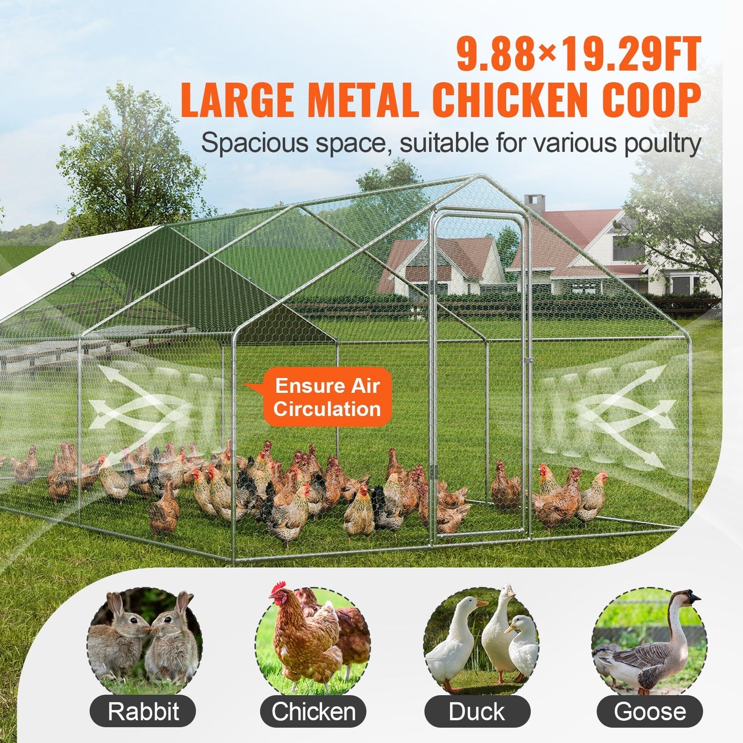 Large Walk-In Metal Chicken Coop with Cover and Spire Roof, 3x5.88x1.99 m