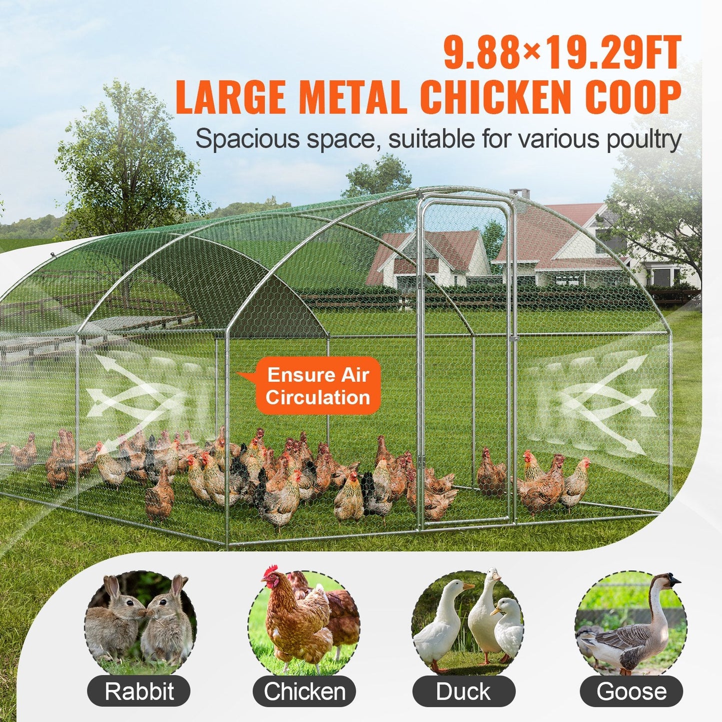 Large Walk-in Metal Chicken Coop with Run and Dome Roof, 3x5.88x1.99 m