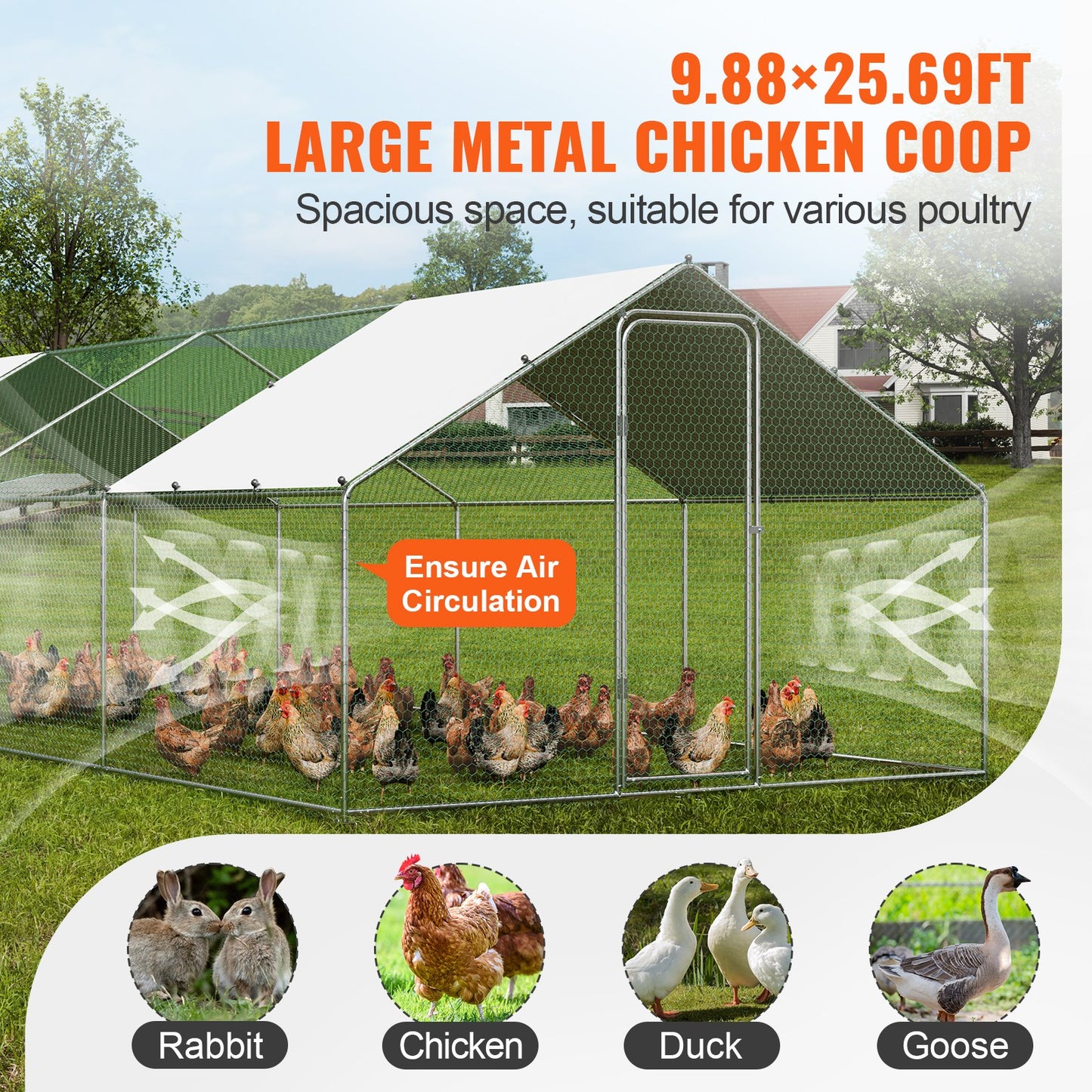 VEVOR Large Metal Chicken Coop with Run, 3x7.83x1.99 m Walk-in Chicken Runs for