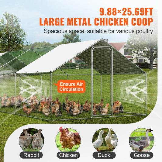 Large Walk-in Metal Chicken Coop with Run and Cover, 3x7.83x1.99 m