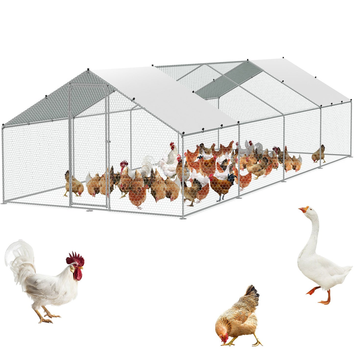VEVOR Large Metal Chicken Coop with Run, 3x7.83x1.99 m Walk-in Chicken Runs for