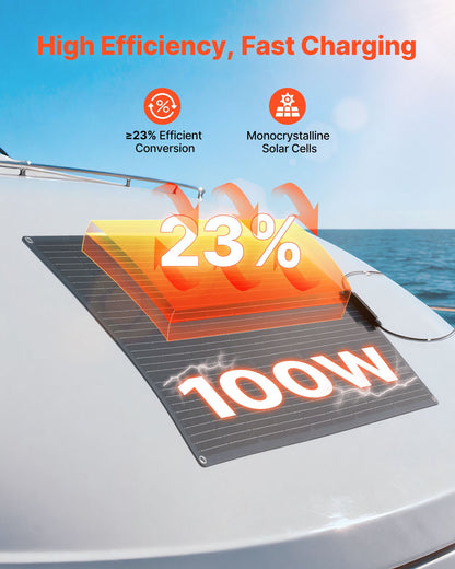 Flexible Solar Panel, 100W Semi-Flexible Bendable Monocrystalline Solar Panel, 23% Efficiency Mono Off-Grid Charger with MC4 Output, IP67 Waterproof for Marine RV Car Cabin Curved Surfaces
