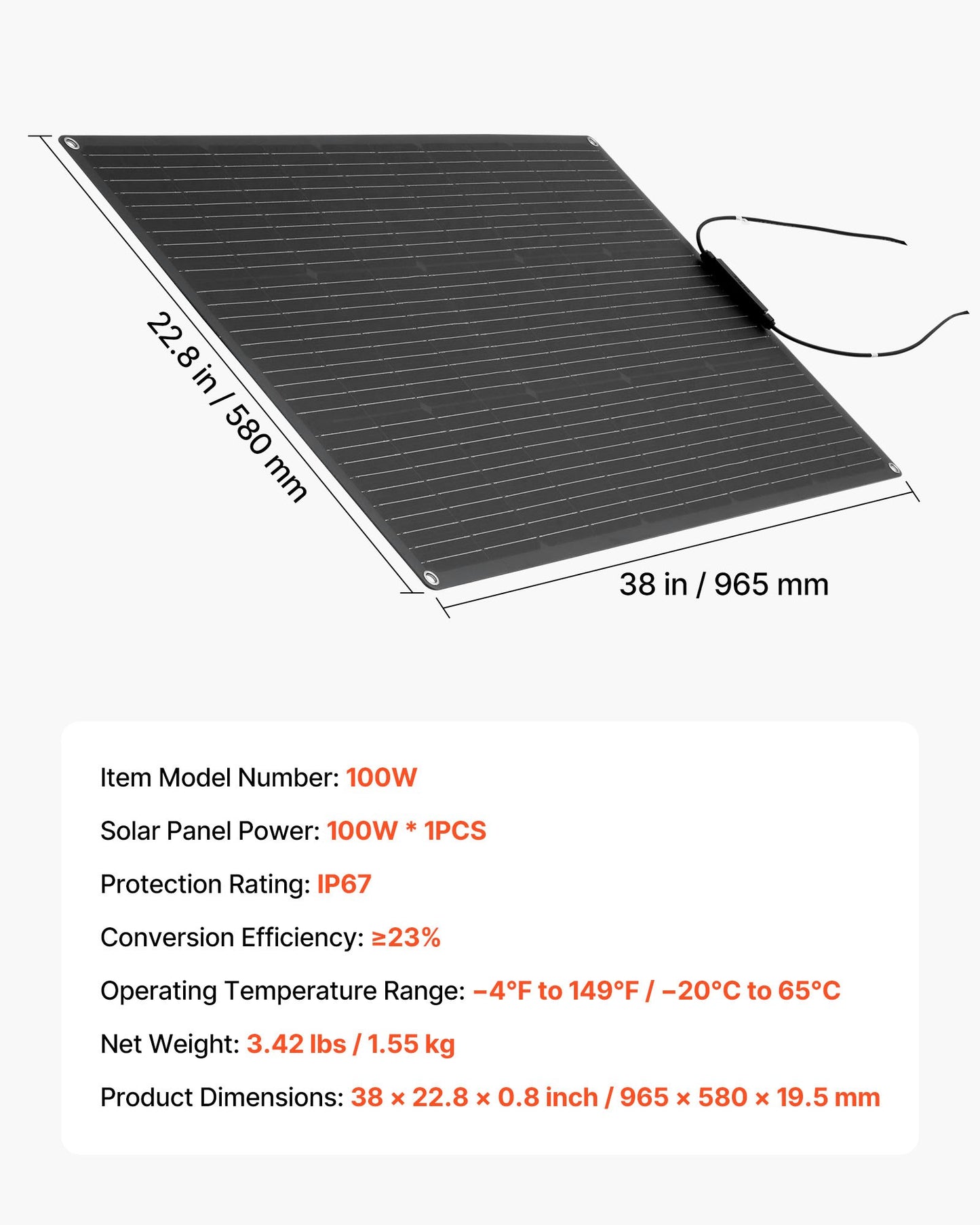 Flexible Solar Panel, 100W Semi-Flexible Bendable Monocrystalline Solar Panel, 23% Efficiency Mono Off-Grid Charger with MC4 Output, IP67 Waterproof for Marine RV Car Cabin Curved Surfaces