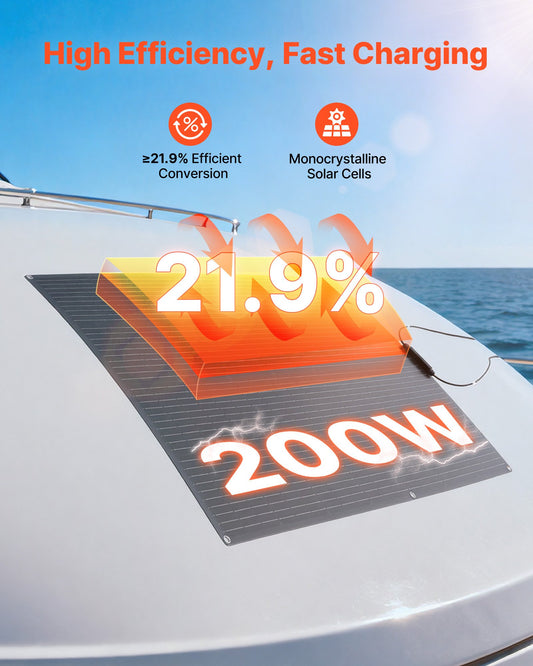 Flexible Solar Panel, 200W Semi-Flexible Bendable Monocrystalline Solar Panel, 21.9% Efficiency Mono Off-Grid Charger with MC4 Output, IP67 Waterproof for Marine RV Car Cabin Curved Surfaces