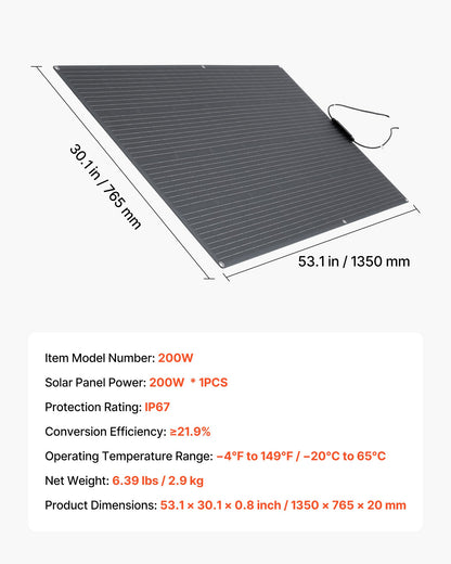 Flexible Solar Panel, 200W Semi-Flexible Bendable Monocrystalline Solar Panel, 21.9% Efficiency Mono Off-Grid Charger with MC4 Output, IP67 Waterproof for Marine RV Car Cabin Curved Surfaces