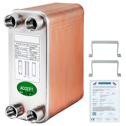VEVOR Heat Exchanger 3"x7.5" 60 Plates Brazed Plate Heat Exchanger 316L 1/2" BSP