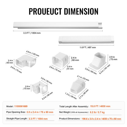 Mini Split Line Set Cover, 4.83m Long, PVC Decorative Pipe for AC Units, White