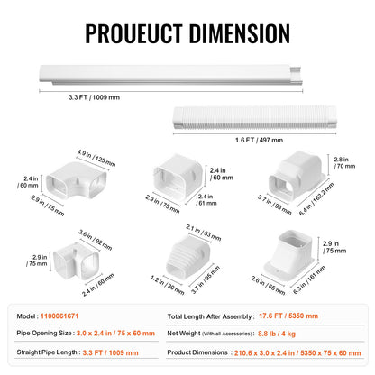 VEVOR Mini Split Line Set Cover 76.2mm W 5350mm L, PVC Decorative Pipe Line Cover