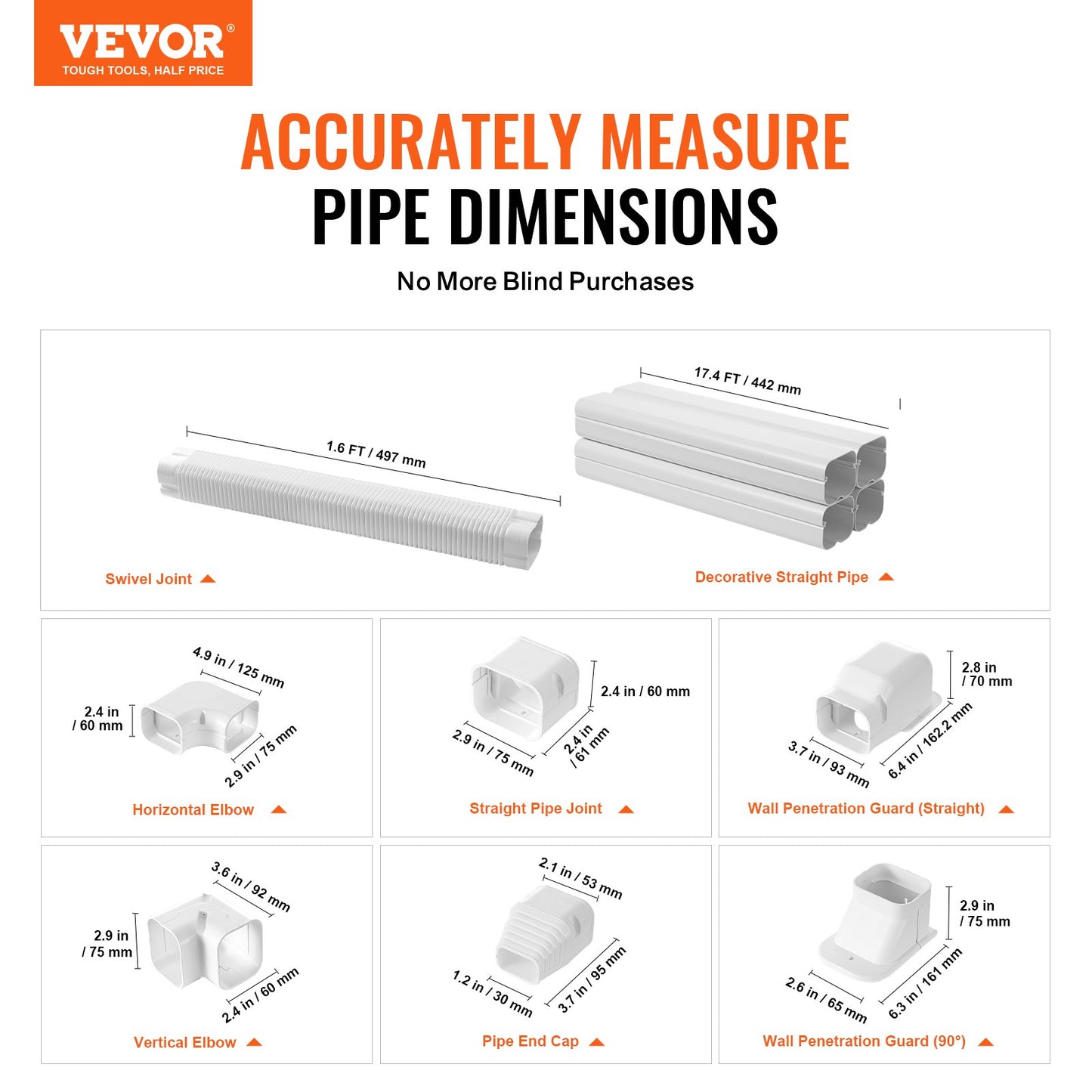 VEVOR Mini Split Line Set Cover 76.2mm W 5400mm L, PVC Decorative Pipe Line Cover